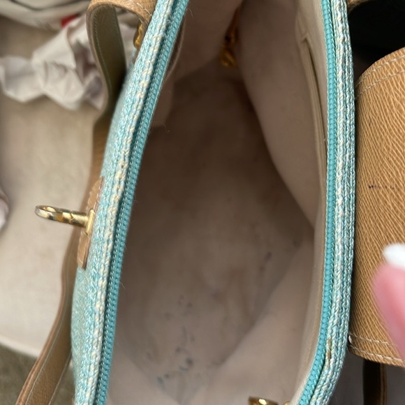 Handbag Eric javitz Green and Tan straw textured Tote with Gold Accents. Aqua - Picture 5 of 5